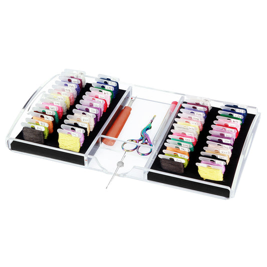 Hamtery Clear Acrylic Working Tray for Cross Stitch and Embroidery Supplies, Embroidery Floss Bobbins Organizer Tray with Magnetic Needle Holder, Scissors and Tools Storage(Large,No bobbins)