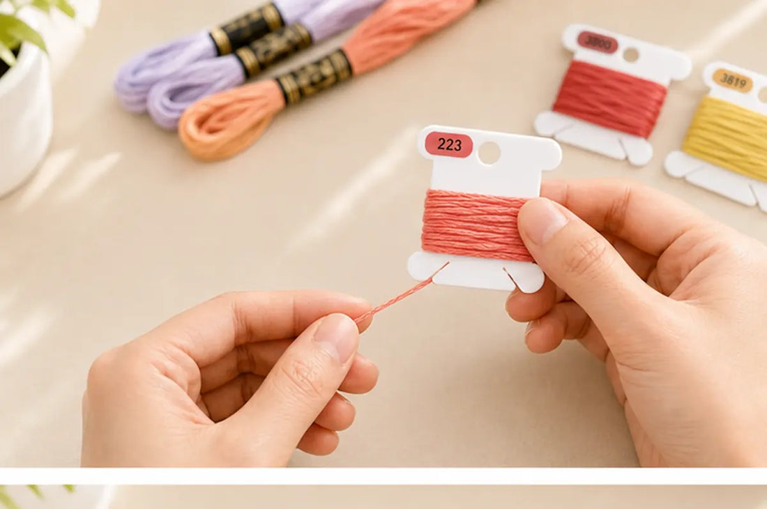 Hands winding coral embroidery floss evenly onto a numbered Hamtery bobbin