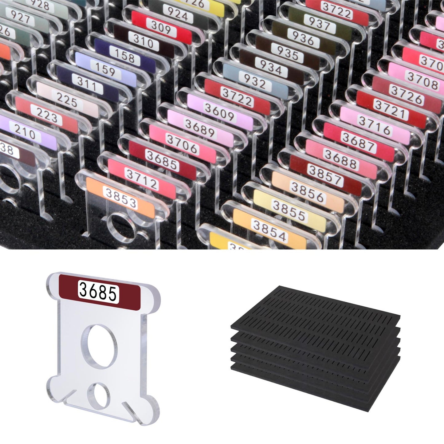500 Clear Acrylic Embroidery Floss Bobbins with Printed Numbers & Color Swatches