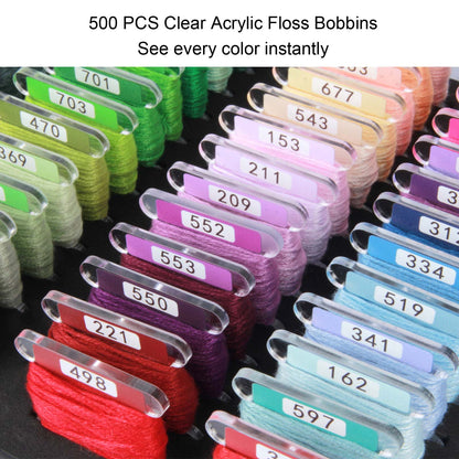 500 Clear Acrylic Embroidery Floss Bobbins with Printed Numbers & Color Swatches