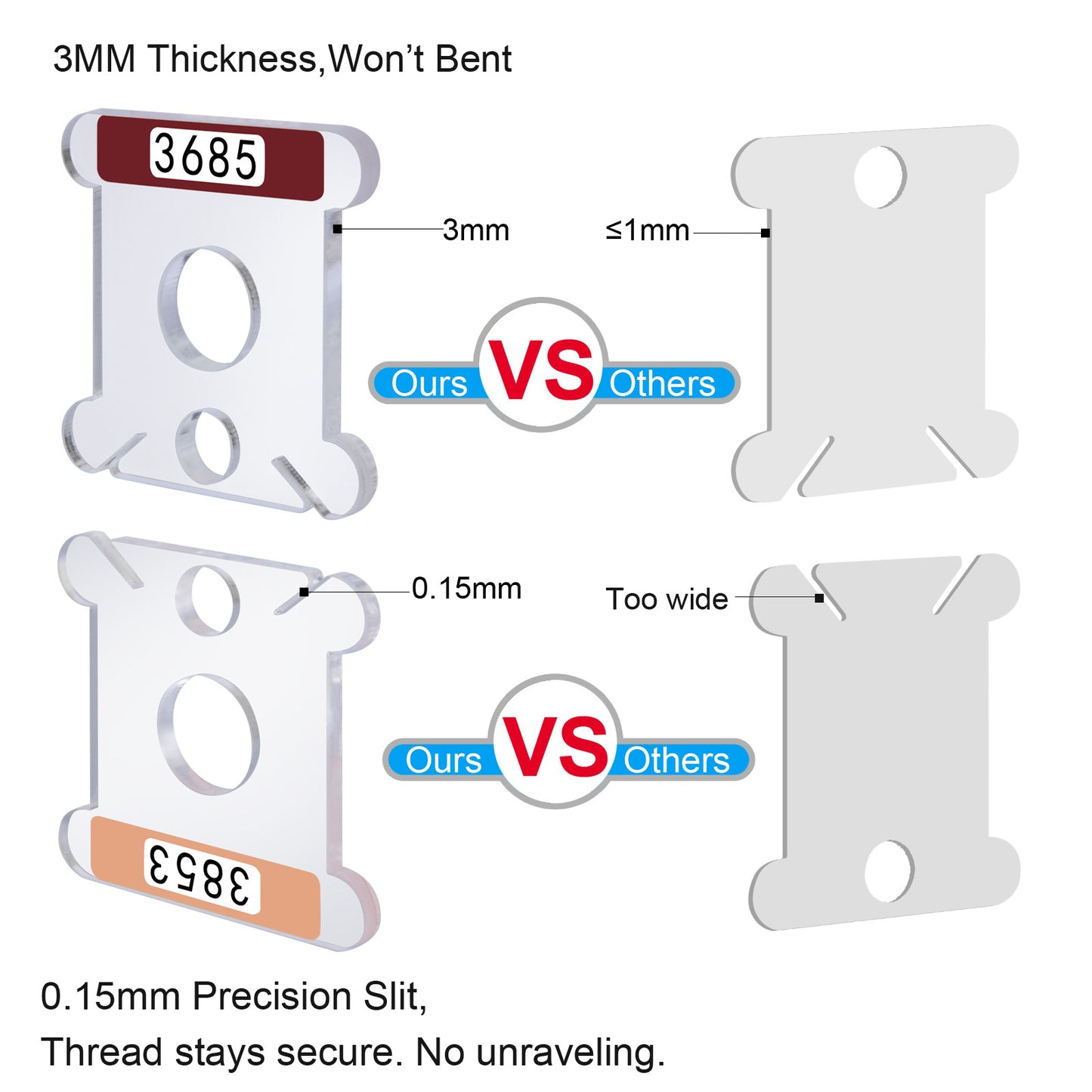500 Clear Acrylic Embroidery Floss Bobbins with Printed Numbers & Color Swatches