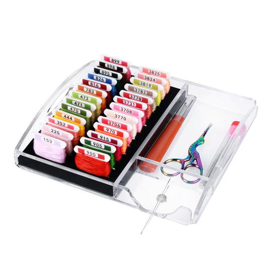 Hamtery Clear Acrylic Working Tray for Cross Stitch and Embroidery Supplies, Embroidery Floss Bobbins Organizer Tray with Magnetic Needle Holder, Scissors and Tools Storage(Small,No bobbins)