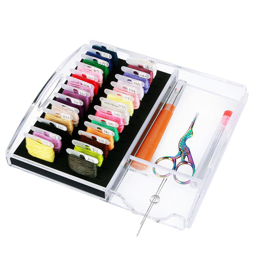 Hamtery Clear Acrylic Working Tray for Cross Stitch and Embroidery Supplies, Embroidery Floss Bobbins Organizer Tray with Magnetic Needle Holder, Scissors and Tools Storage(Small,No bobbins)