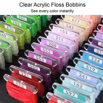 100 Clear Acrylic Embroidery Floss Bobbins with Printed Numbers & Color Swatches (5 Color Sets Available)