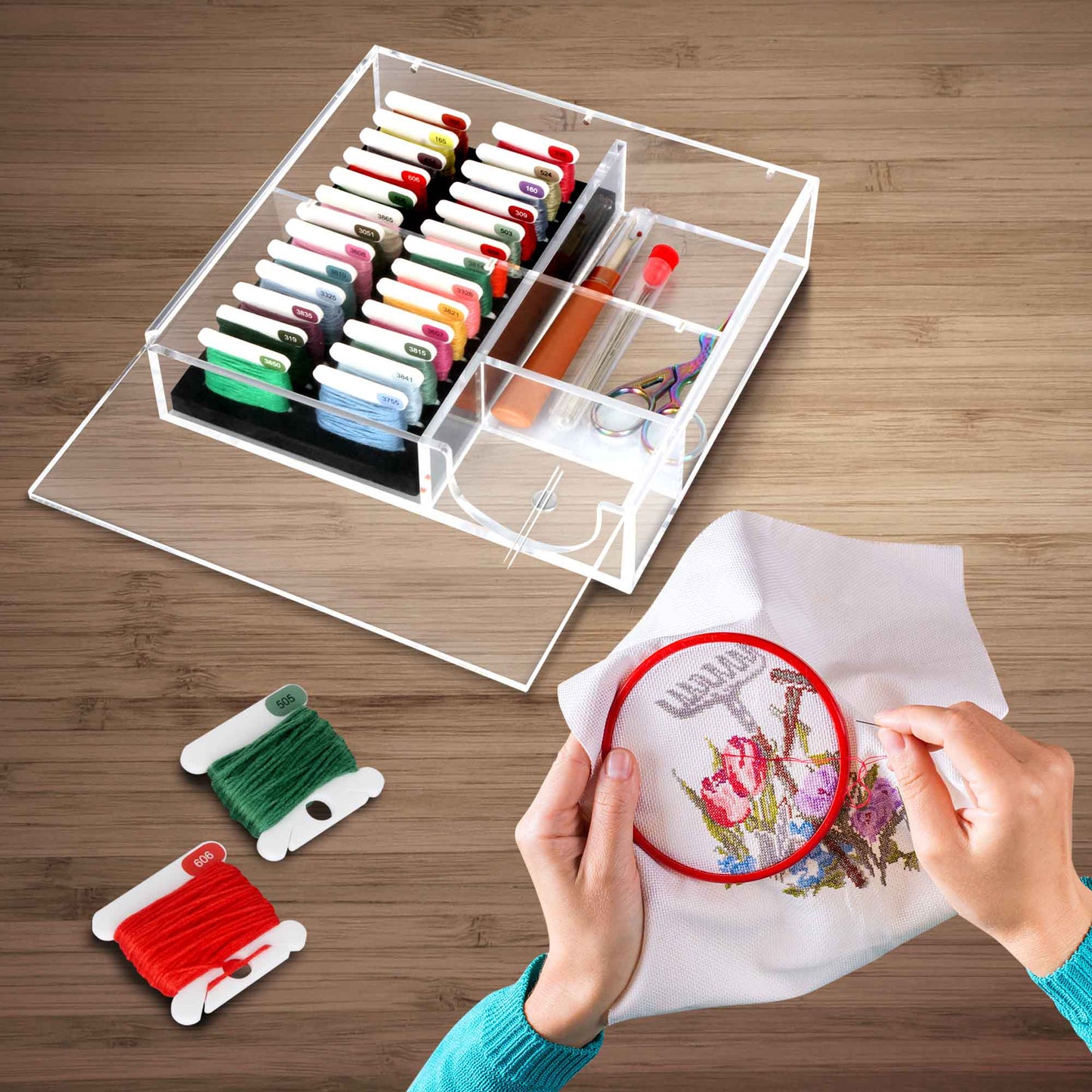 Clear Acrylic Embroidery Floss Organizer with Magnetic Lid, Needle Holder & Tool Storage