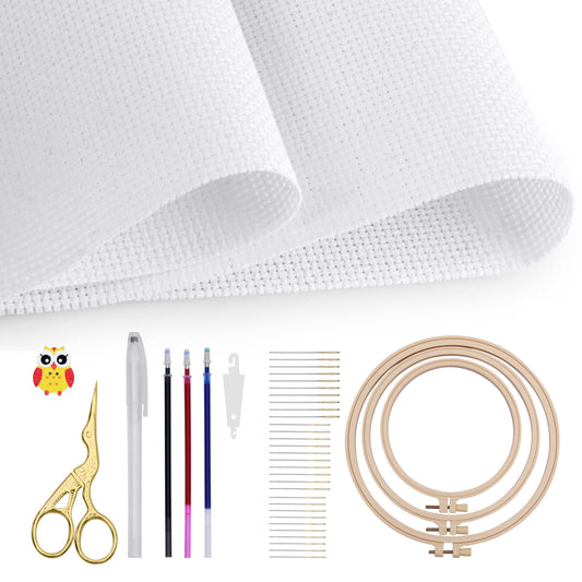 Hamtery Cross Stitch Fabric Kit-14 Count Aida Cloth(59"x39"),3 Embroidery Hoops,30 Pcs Needles,Magnetic Needle Minder,Water Soluble Pens,Threader & Scissors for Crossstitch Projects