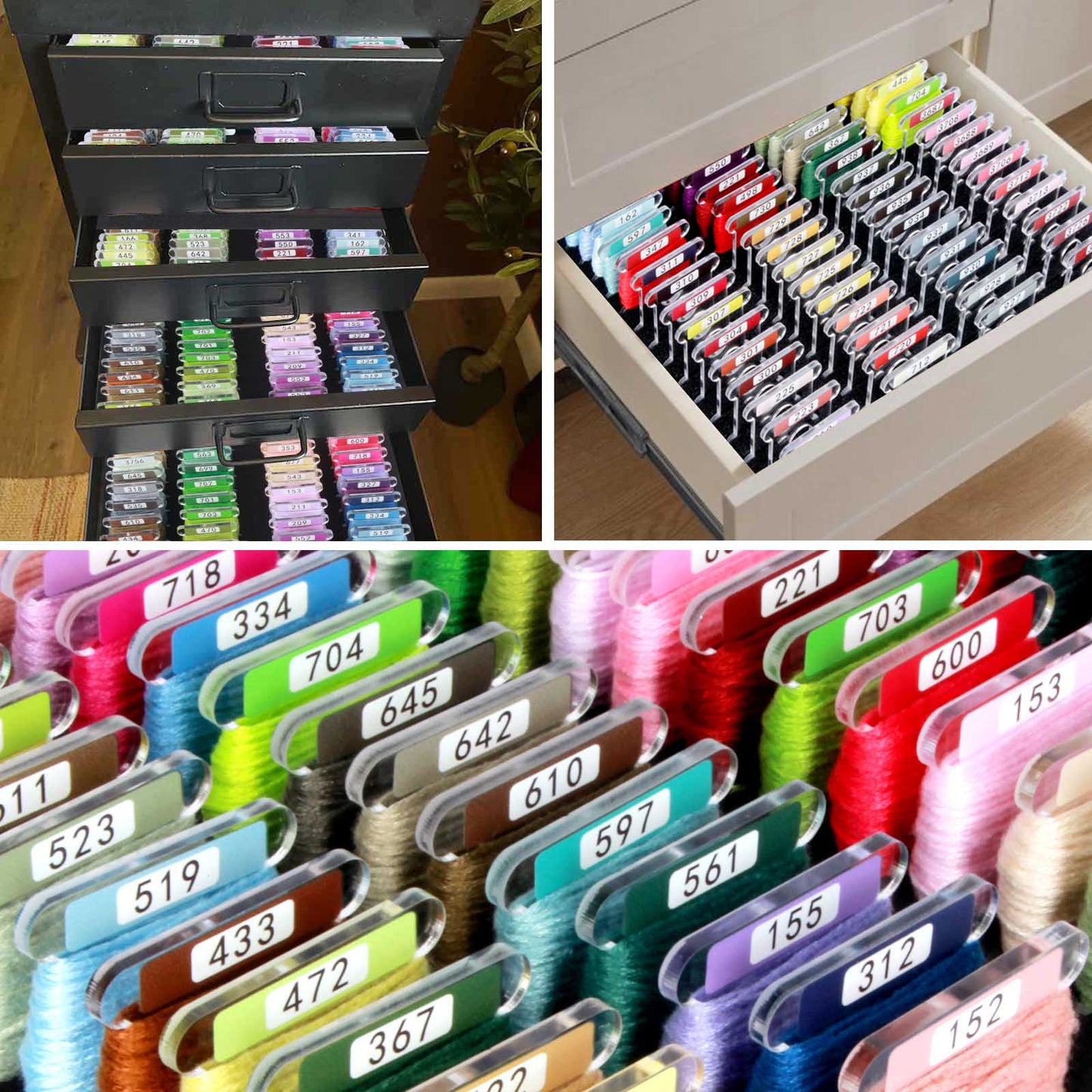 100 Clear Acrylic Embroidery Floss Bobbins with Printed Numbers & Color Swatches (5 Color Sets Available)