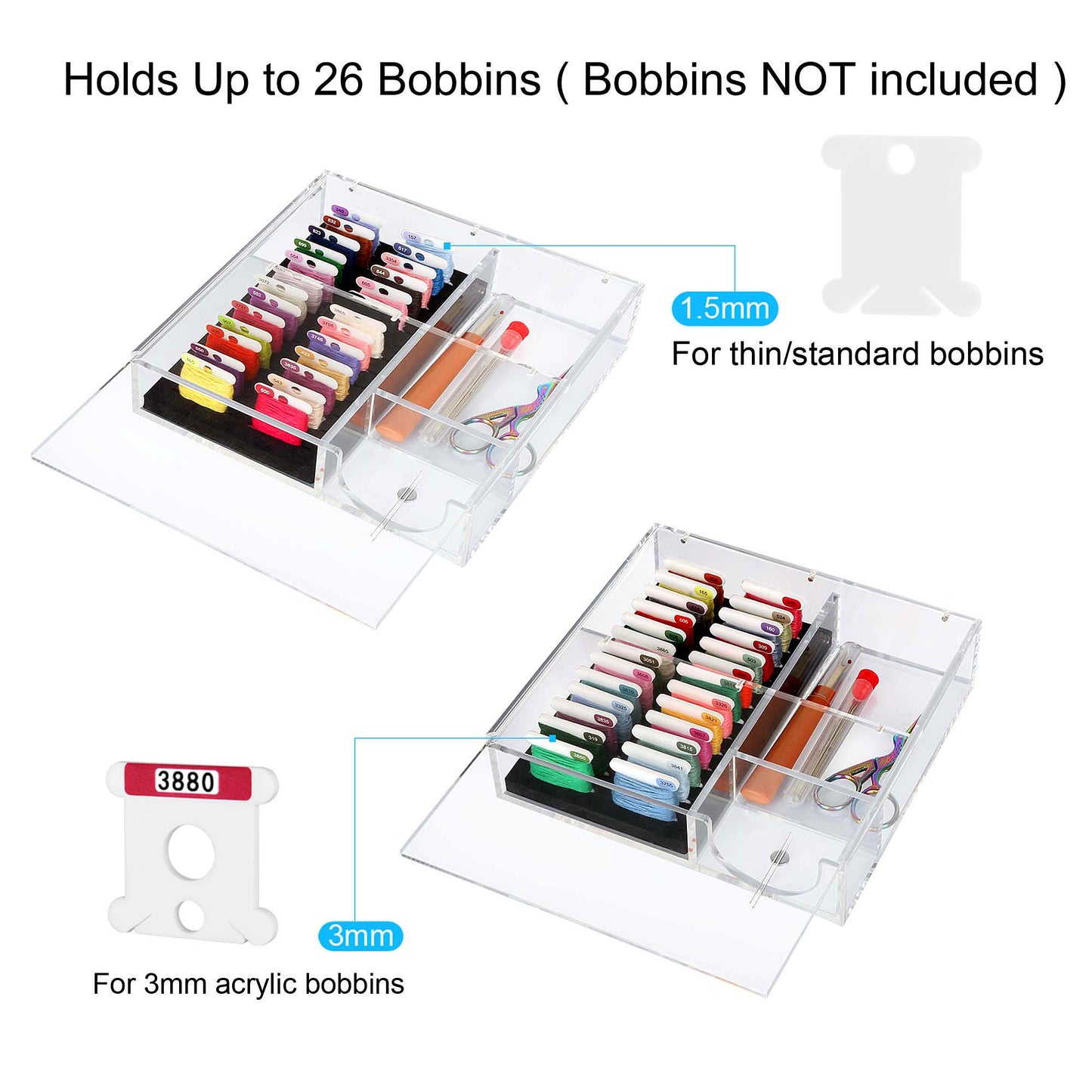 Clear Acrylic Embroidery Floss Organizer with Magnetic Lid, Needle Holder & Tool Storage