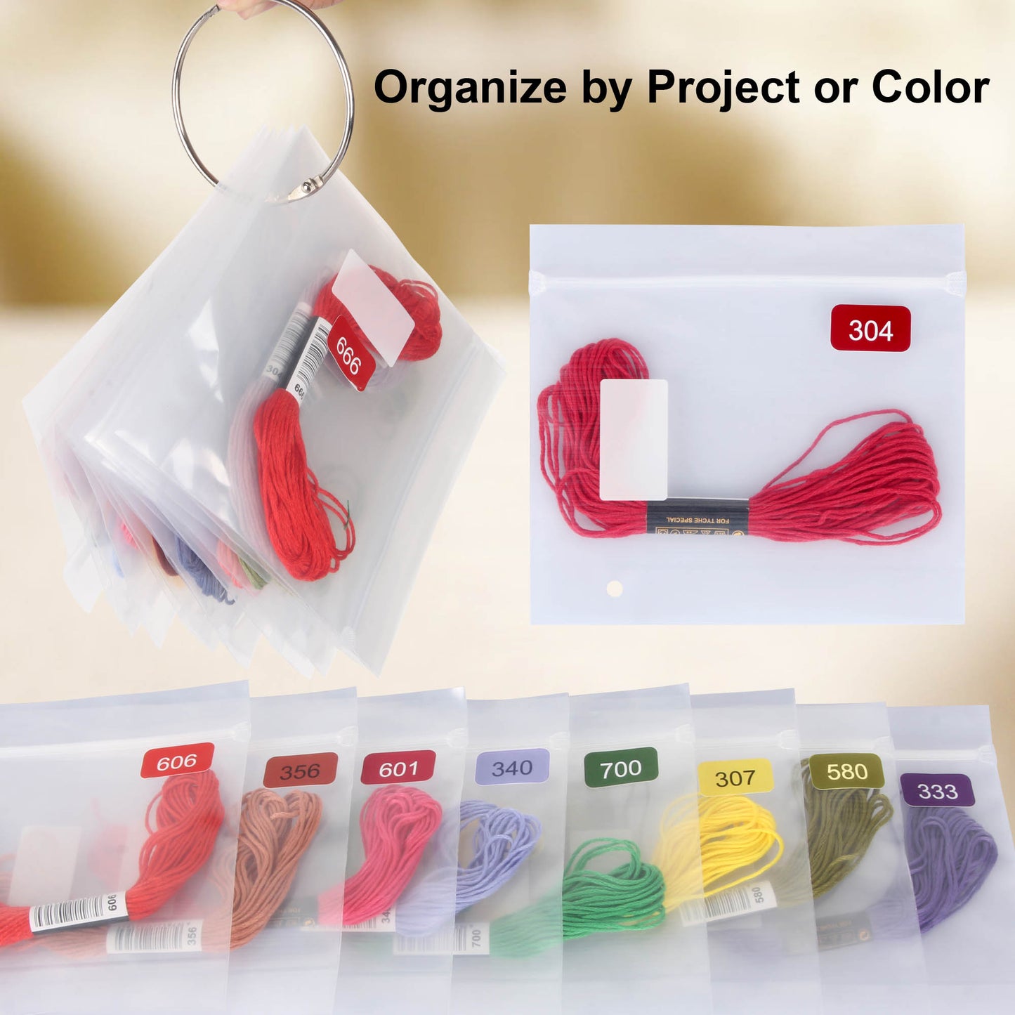 500 Embroidery Floss Organizer Bags with Color Number Stickers & Rings