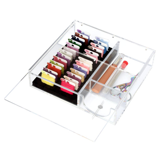 Hamtery Clear Acrylic Embroidery Floss Bobbins Organizer Tray with Sliding Lid, Dust-Proof Cross Stitch & Embroidery Supplies Organizer with Magnetic Needle Holder and Tools Storage (Bobbins Not Included)