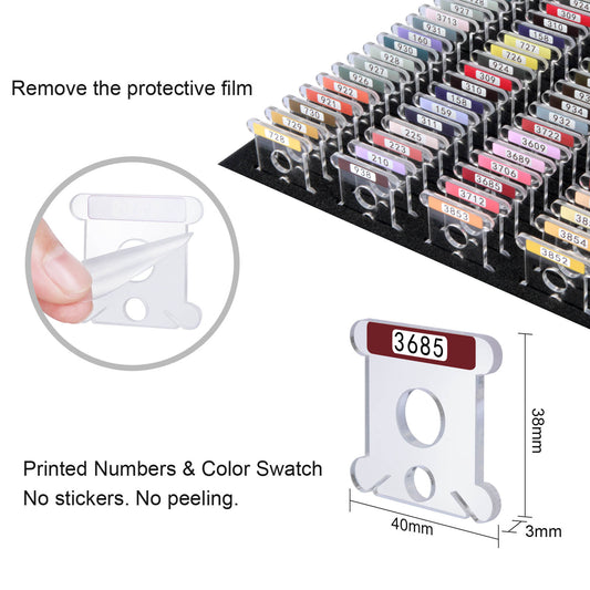 Hamtery 100 Pcs Clear Acrylic Embroidery Floss Bobbins, 3mm Thick Floss  Organizer with Printed Numbers&Color Swatches,Laser-Cut 0.15mm Precision Slot Thread Holder for Cross Stitch & Embroidery Storage