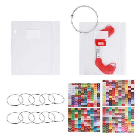 Hamtery 500 Pcs Embroidery Floss Organizer Bags with 10 Rings & Color Number Stickers (Not Pre-Applied), Thickened Cross Stitch Thread Storage System, Easy-Open Bottom Hole Design