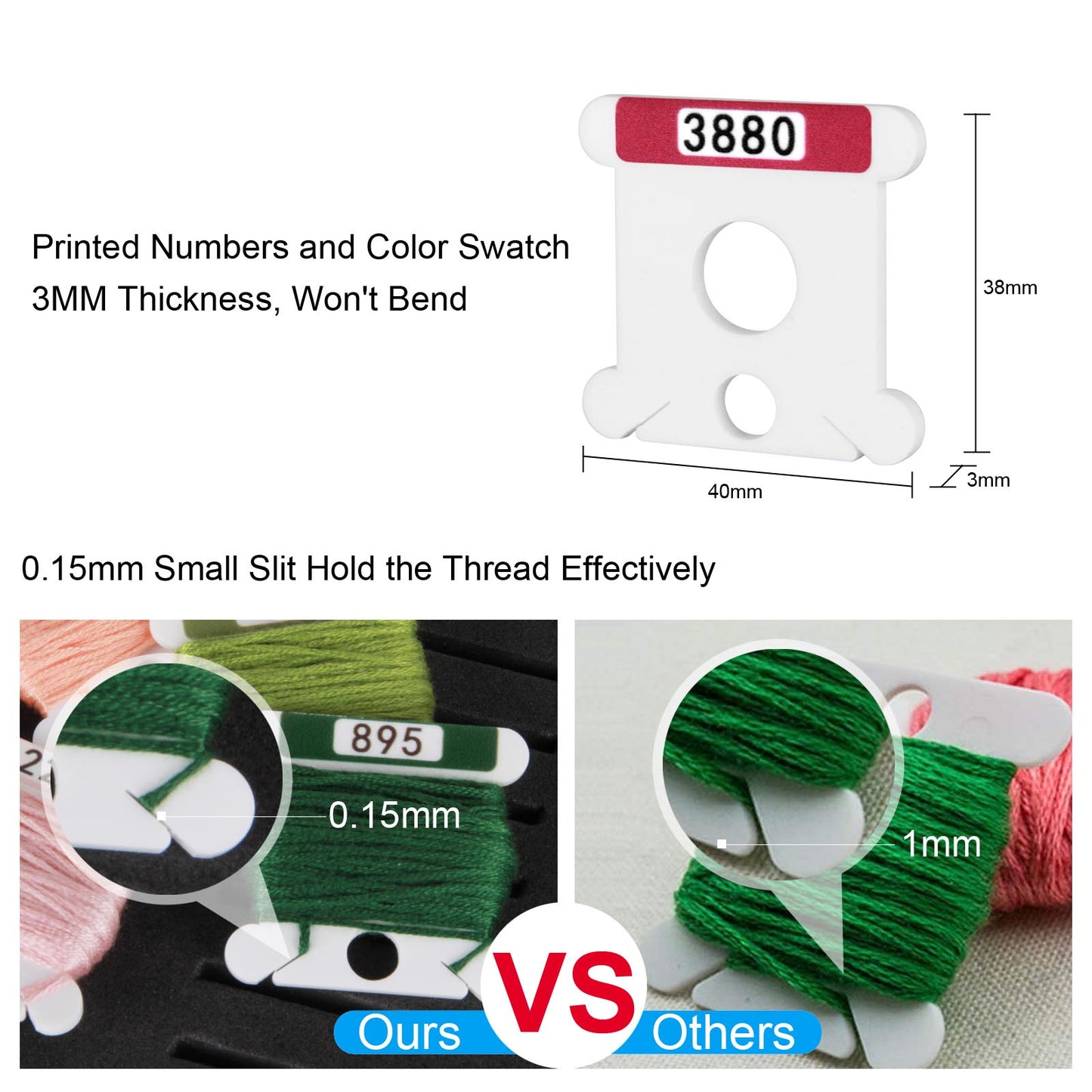 100 Acrylic Embroidery Floss Bobbins with Printed Numbers & Color Swatches (5 Color Sets Available)